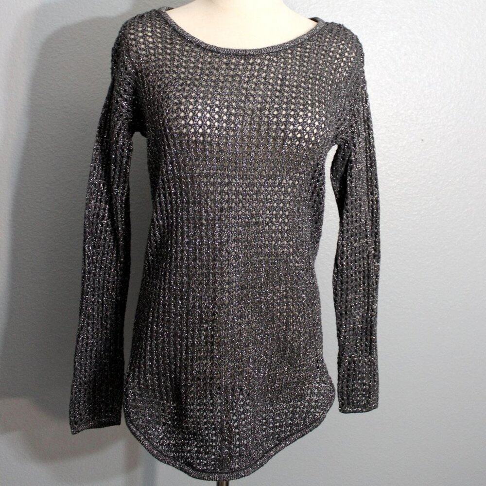 Metallic Black Open Knit Sweater Silver Jeanne Pierre Size S